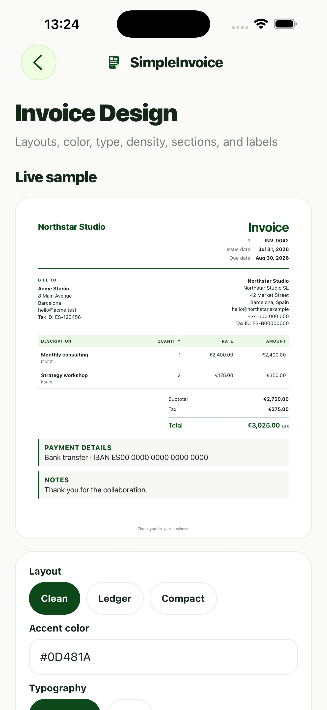 SimpleInvoice design studio with a live invoice sample