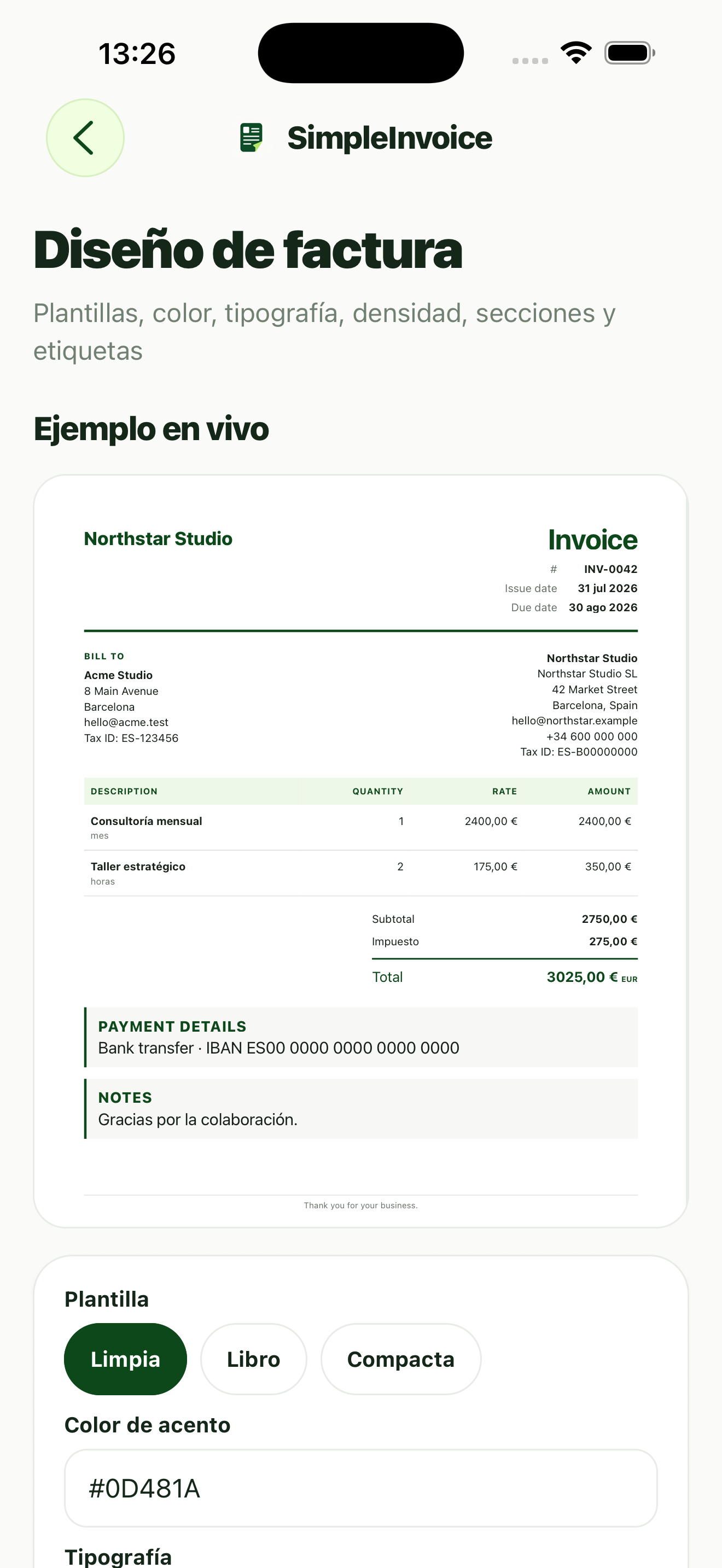 Estudio de diseño de SimpleInvoice con una muestra de factura
