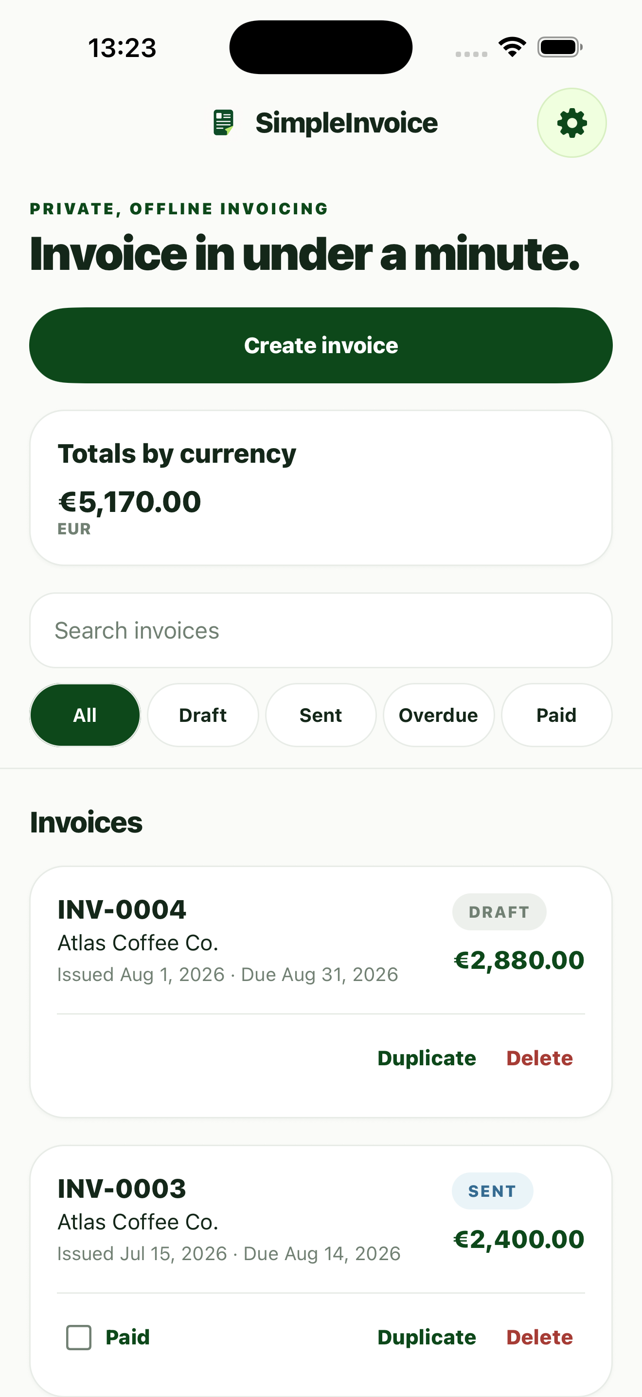 Invoice library with Draft, Sent, Overdue, and Paid filters