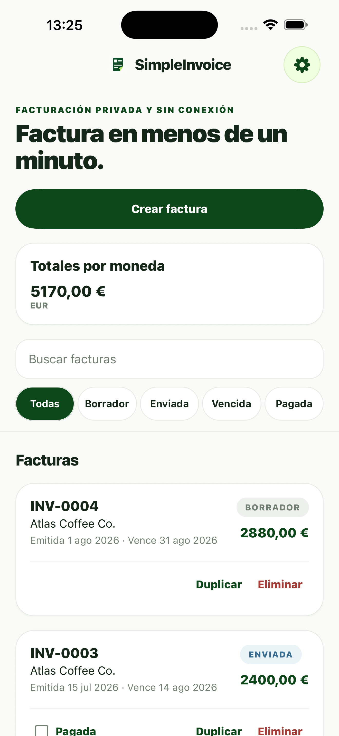 Biblioteca de facturas con filtros Borrador, Enviada, Vencida y Pagada
