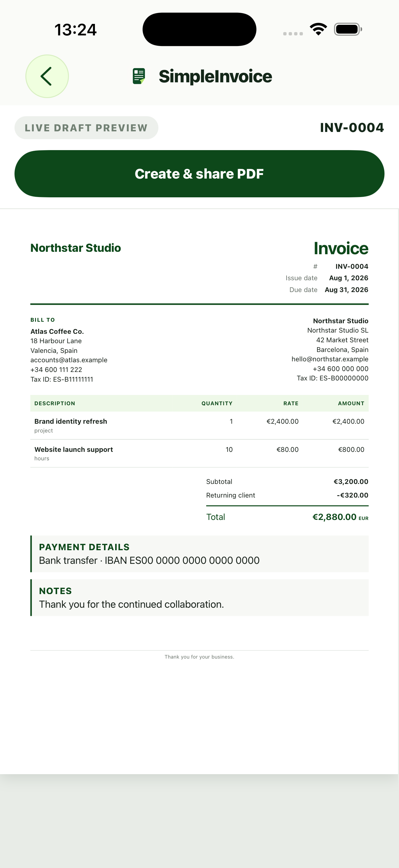 Exact invoice PDF preview