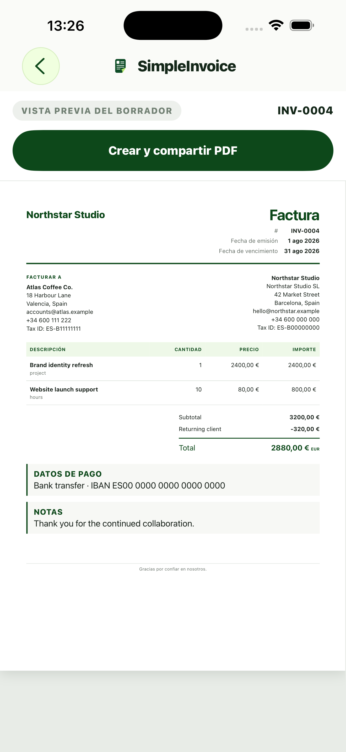 Vista previa exacta de una factura PDF